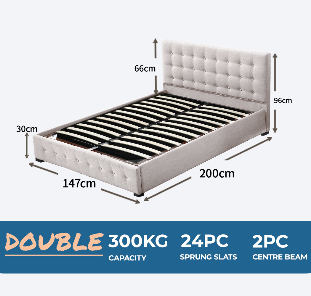 Double Bed Frame with Gas Lift Storage Beige Fabric -Dimensions 