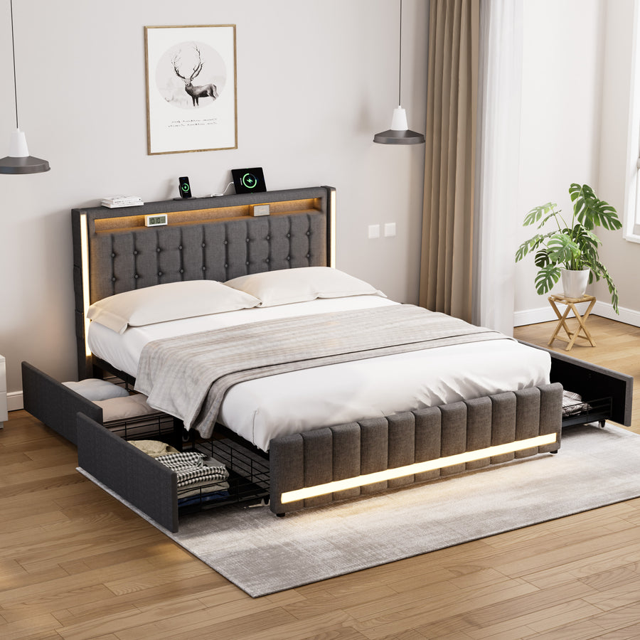 Double Bed Frame with Storage Drawers Lighting & USB Ports Linen Finish