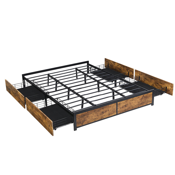 Double Metal Bed Frame with 4 Rustic Drawers