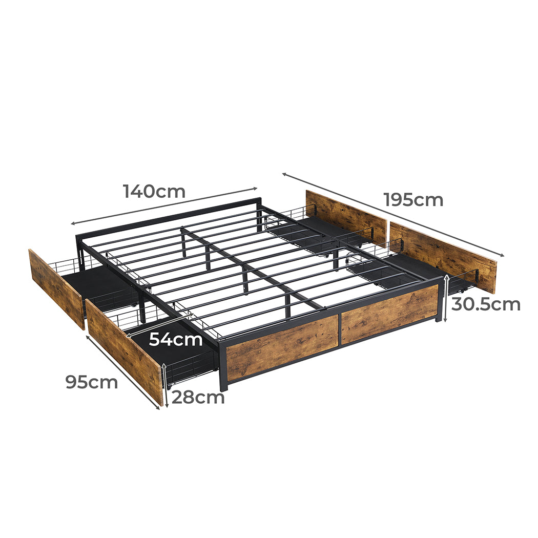 Double Metal Bed Frame with 4 Rustic Drawers Dimensions 