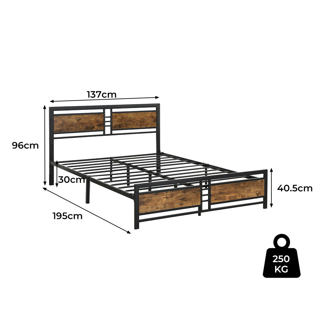 Double Metal Bed Frame with Rustic Wood Headboard