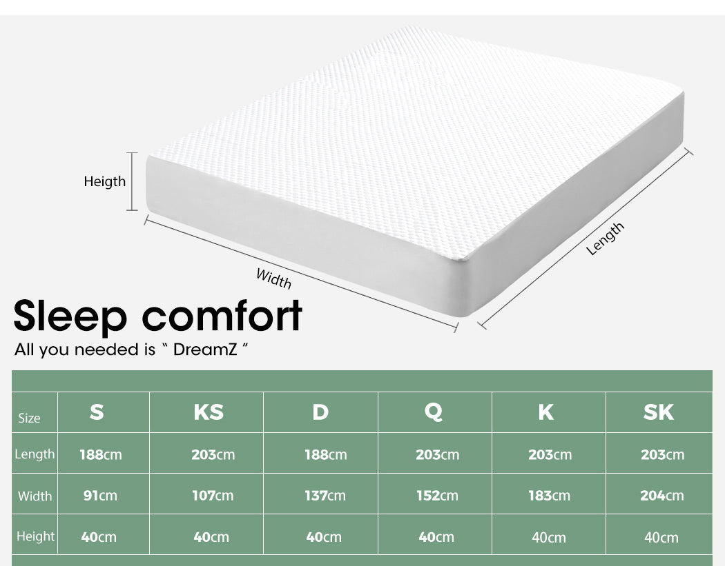 DreamZ Polyester Mattress Protector size chart
