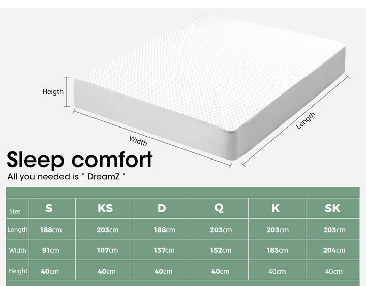 DreamZ Polyester Mattress Protector size chart