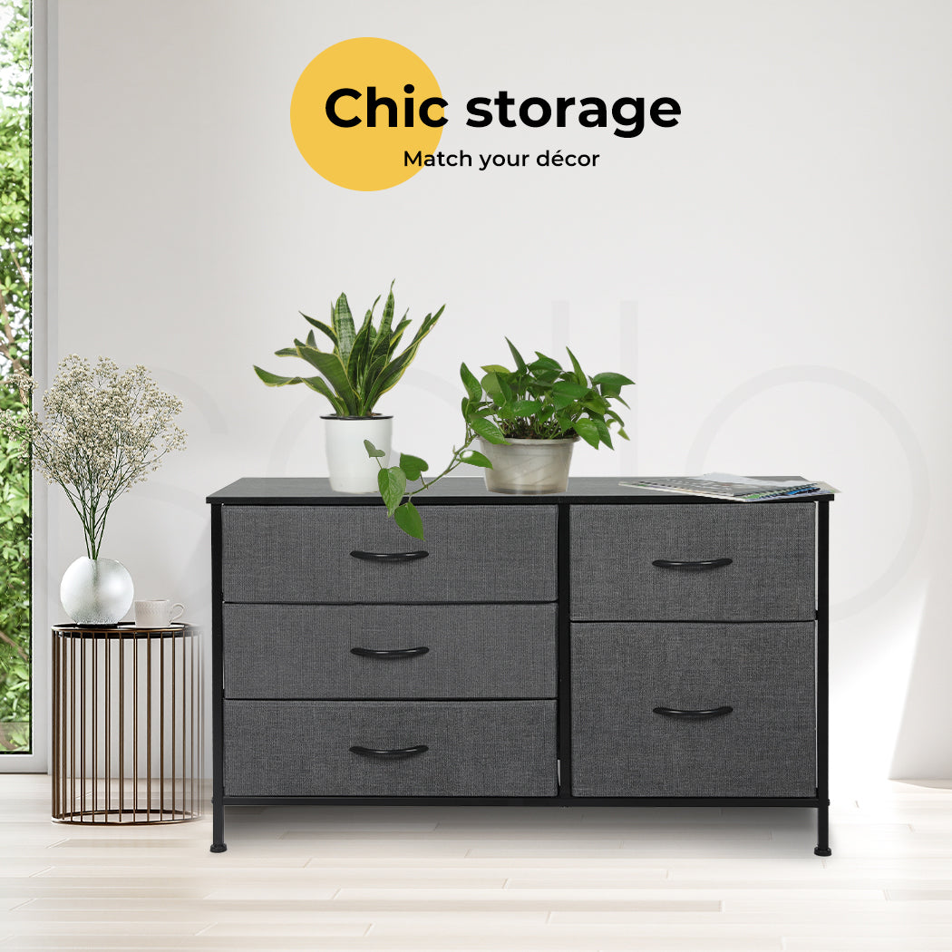 Fabric Low Chest of Drawers with 5 Drawers