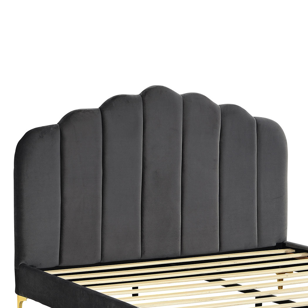 Grey Bed Frame with Premium Velvet Padded Headboard 