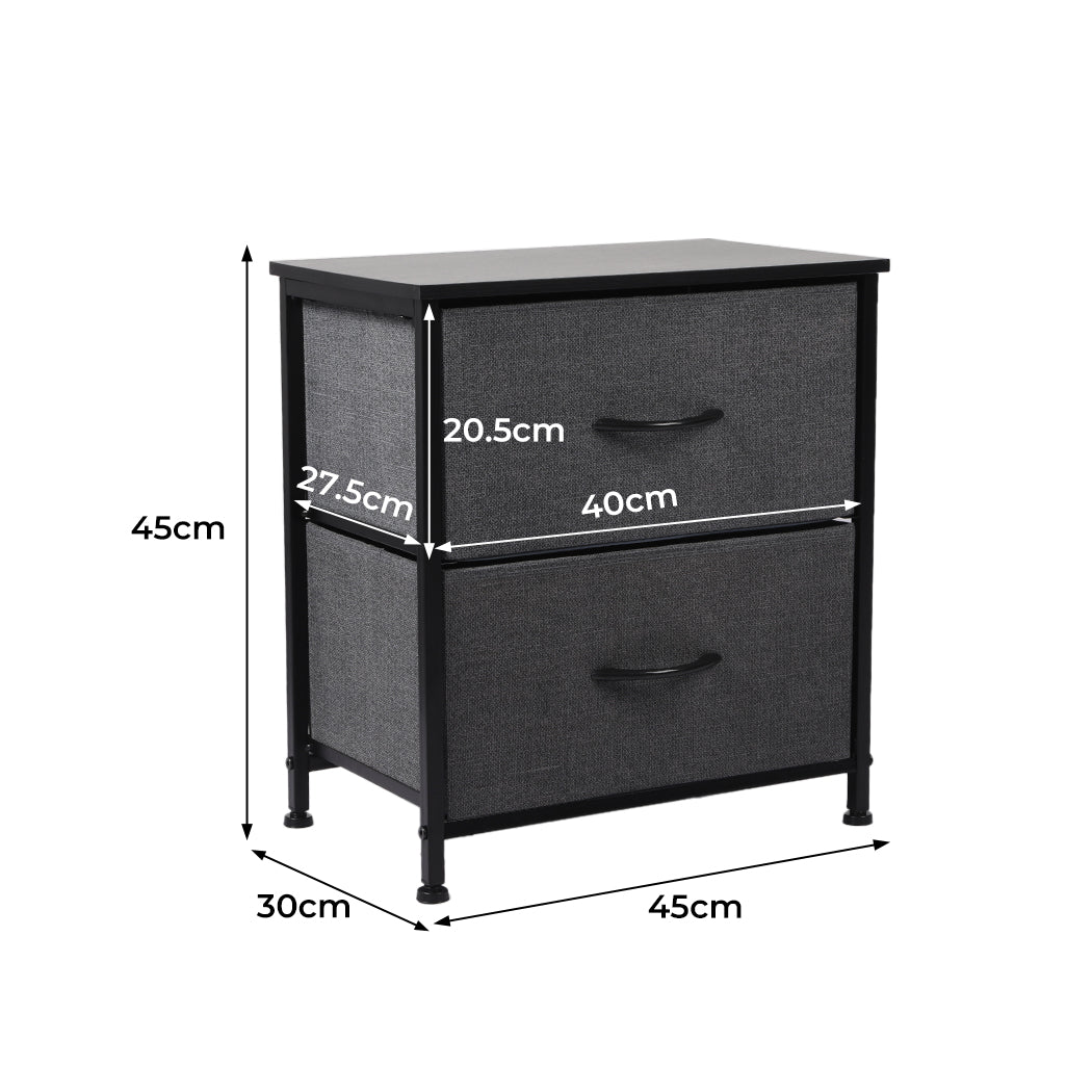 Grey Fabric 2-Drawer Bedside Table with Wooden Top Dimensions