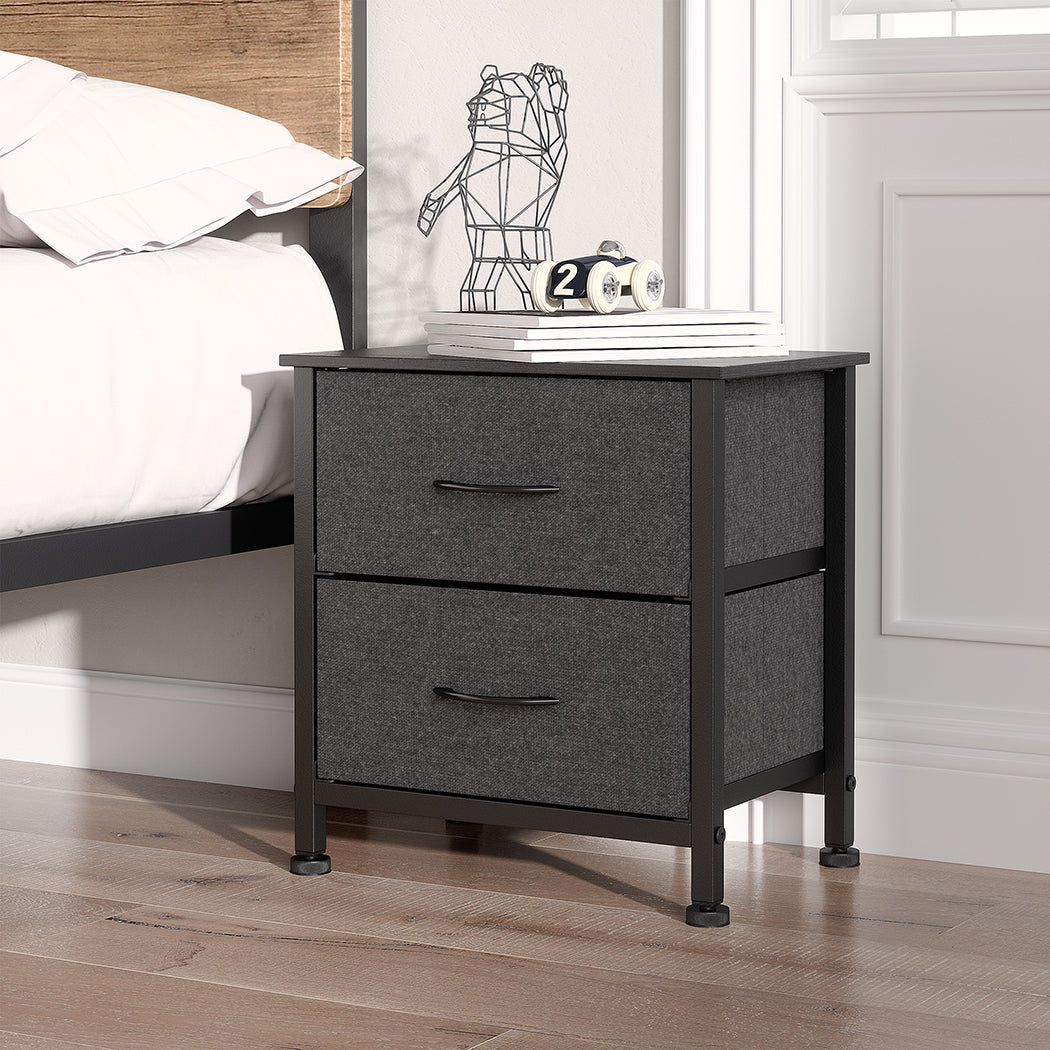 Grey Fabric 2-Drawer bedside table next to bed