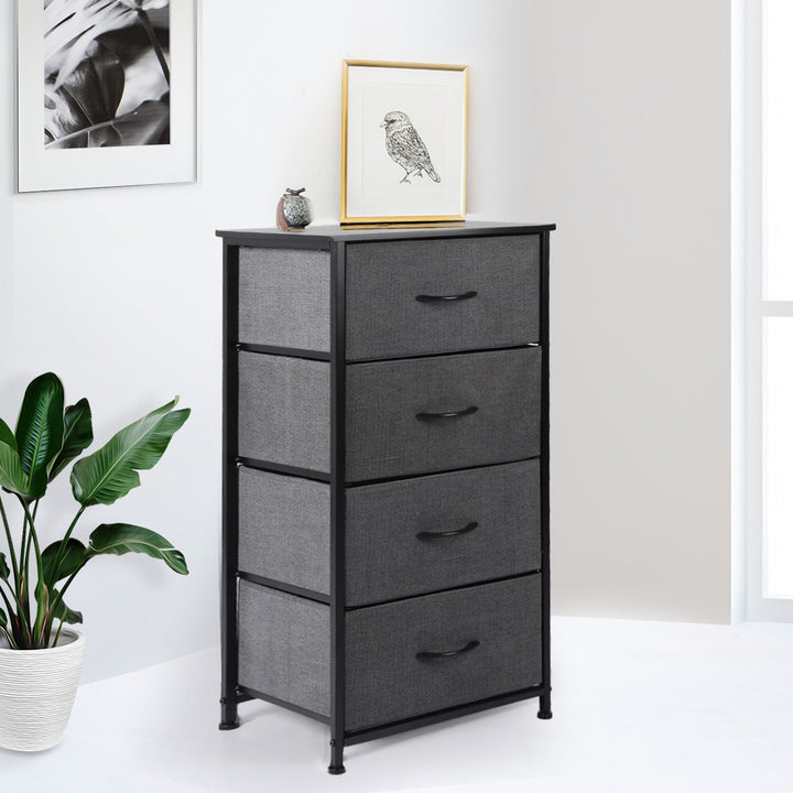 Grey Tall Fabric 4-Drawer Storage Chest of Drawers at corner 