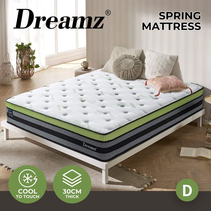 Dreamz Double Cooling Mattress Pocket Spring Euro Top Bed Foam 7 Zone 30cm