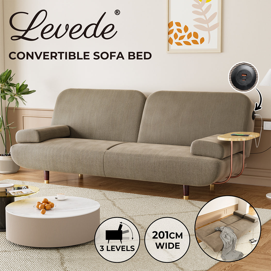 LEVEDE CONVERTIBLE SOFABED WITH USB CHARGE AND SIDE TABLE - Levede