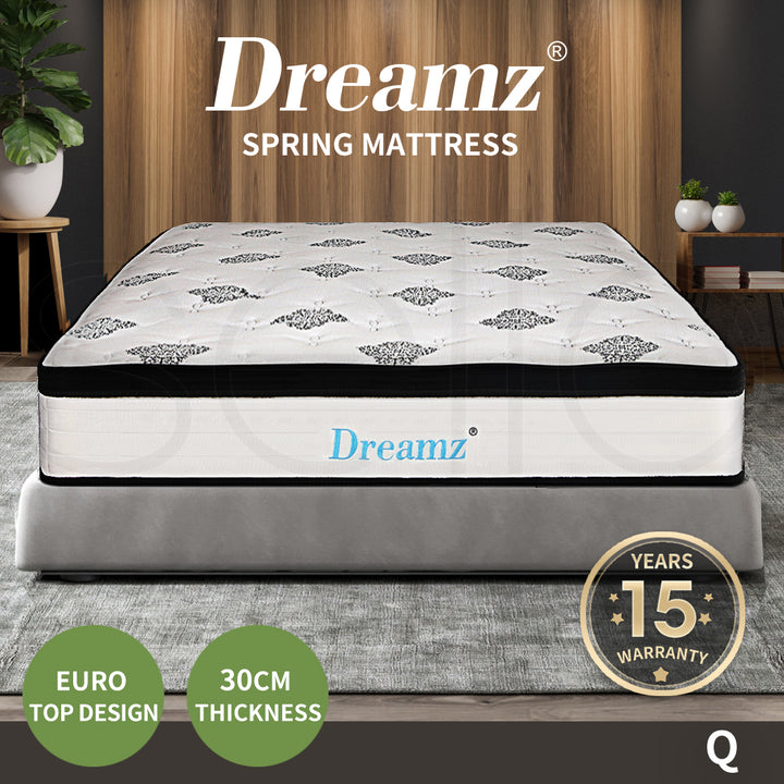 Dreamz Bedding Mattress Spring Queen Size Premium Bed Top Foam Medium Firm 30CM - Levede