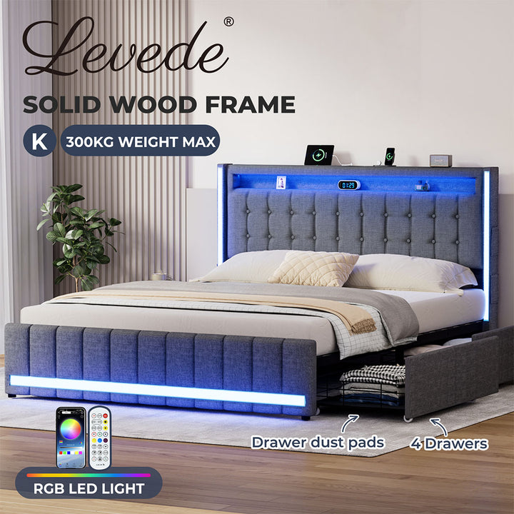 Bed Frame RGB LED Headboard with Drawers