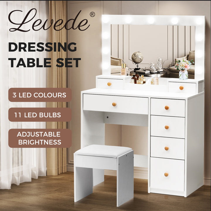 Levede Dressing Table Stool Set 11 Bulbs Makeup Mirror Vanity Desk Cabinet White - Levede