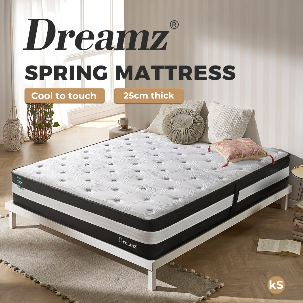 Dreamz King Single Cooling Mattress Pocket Spring Euro Top Bed Foam 5 Zone 25cm