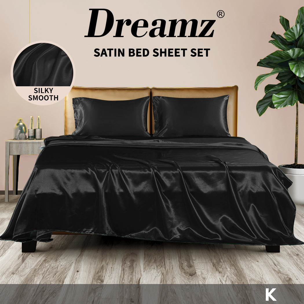 DreamZ Silky Satin Sheets Fitted Black - Levede