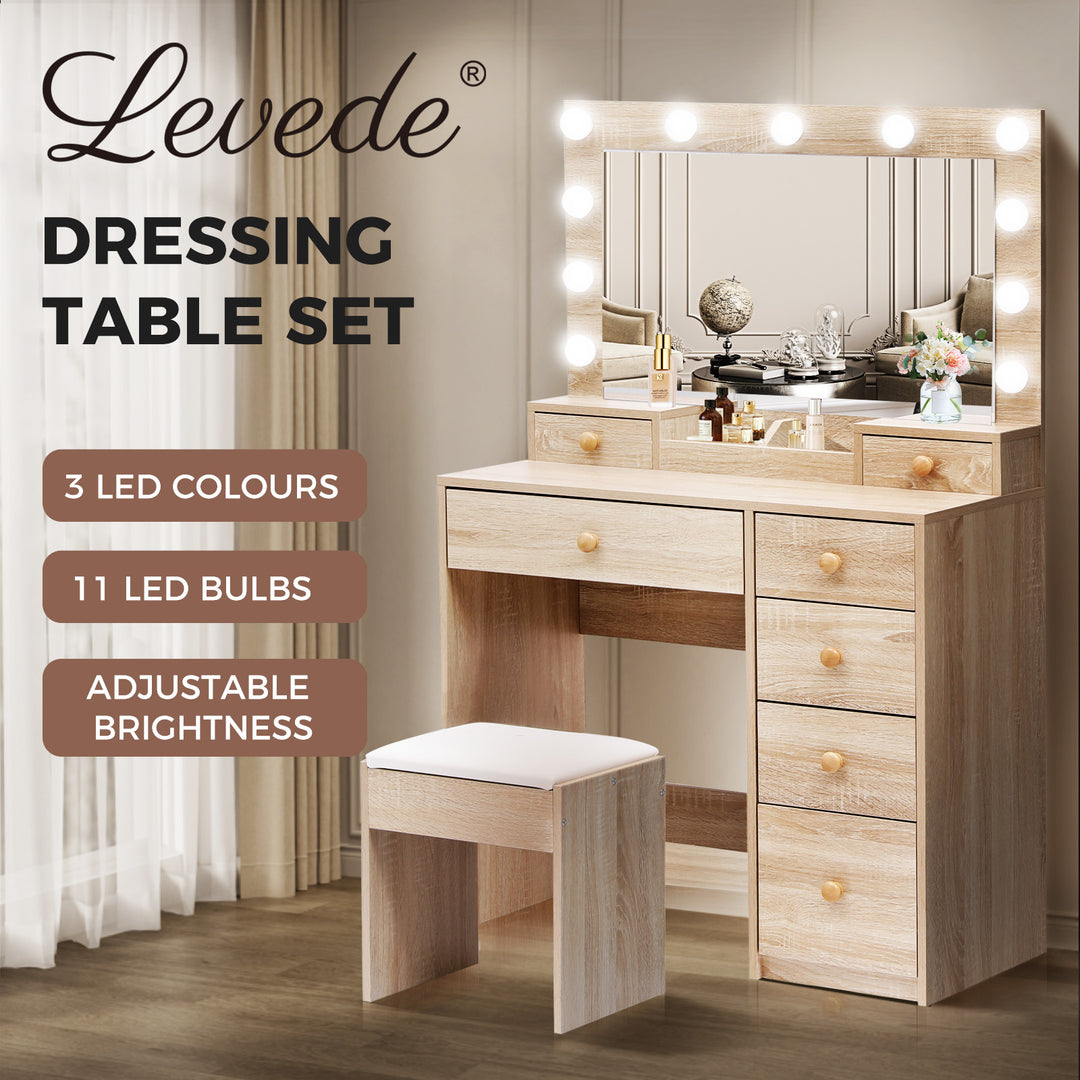 Levede Dressing Table Stool Set 11 Bulbs Makeup Mirror Vanity Desk Cabinet Oak - Levede