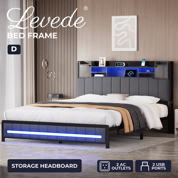 Levede Double Bed Frame Linen Upholstered Storage Headboard LED Charging - Levede