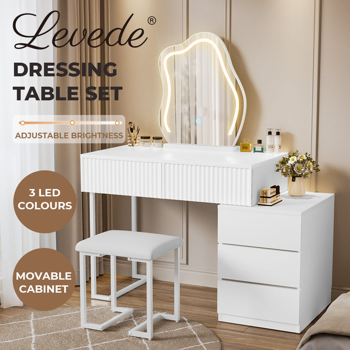 Levede Dressing Table Stool Set with Mirror Led Makeup Vanity Desk Drawers White