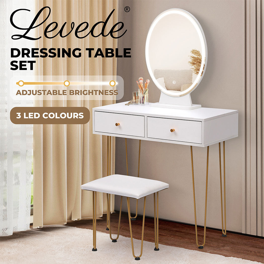 Levede Dressing Table LED Light Strip Makeup Mirror Stool Set Vanity Desk White