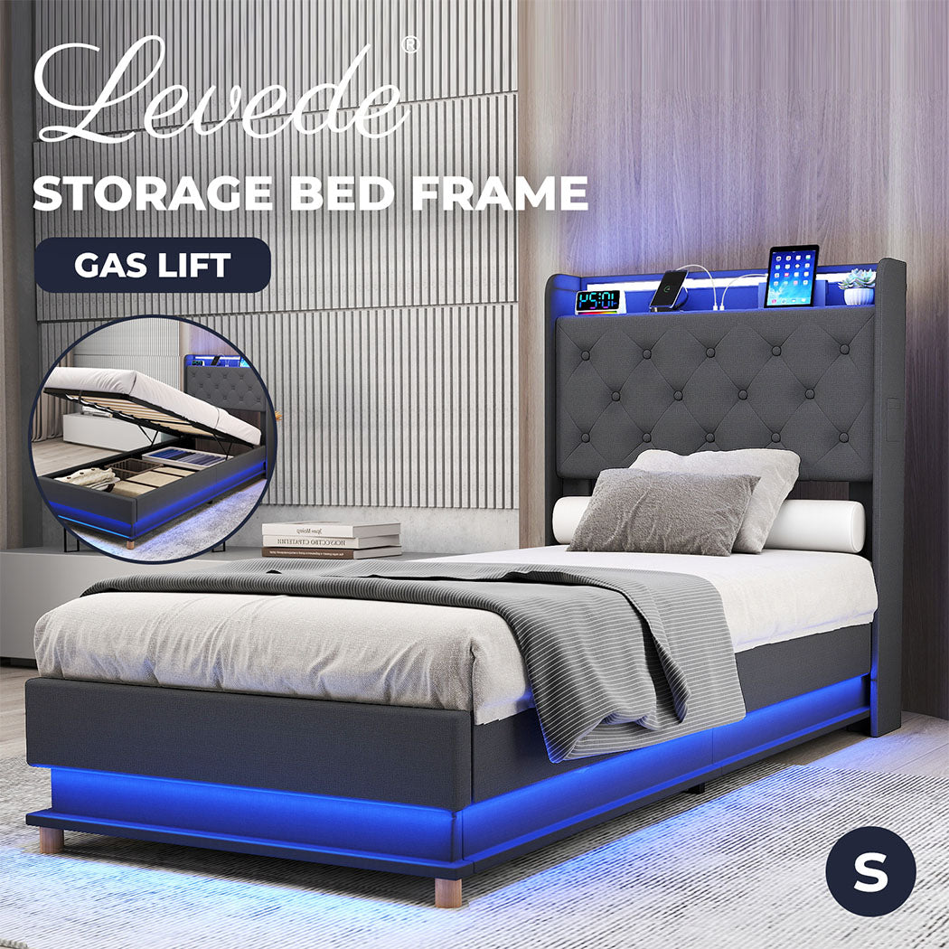 Single Gas Lift Storage Bed with LED Light Headboard.