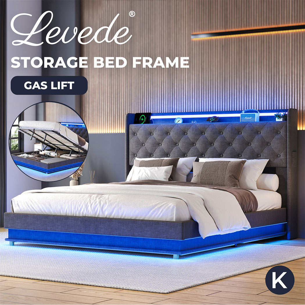 Gas Lift Storage Bed with LED Light Headboard