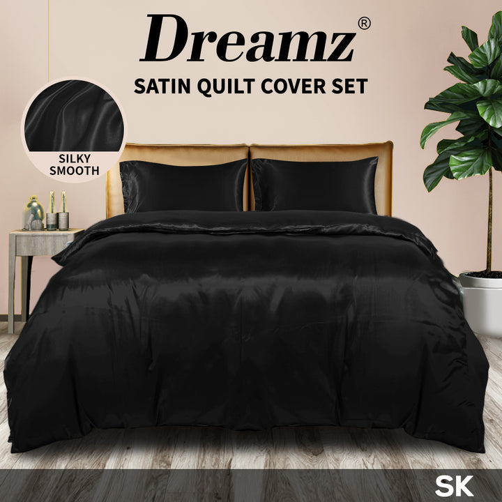 DreamZ Silky Satin Quilt Cover Set Bedspread Black