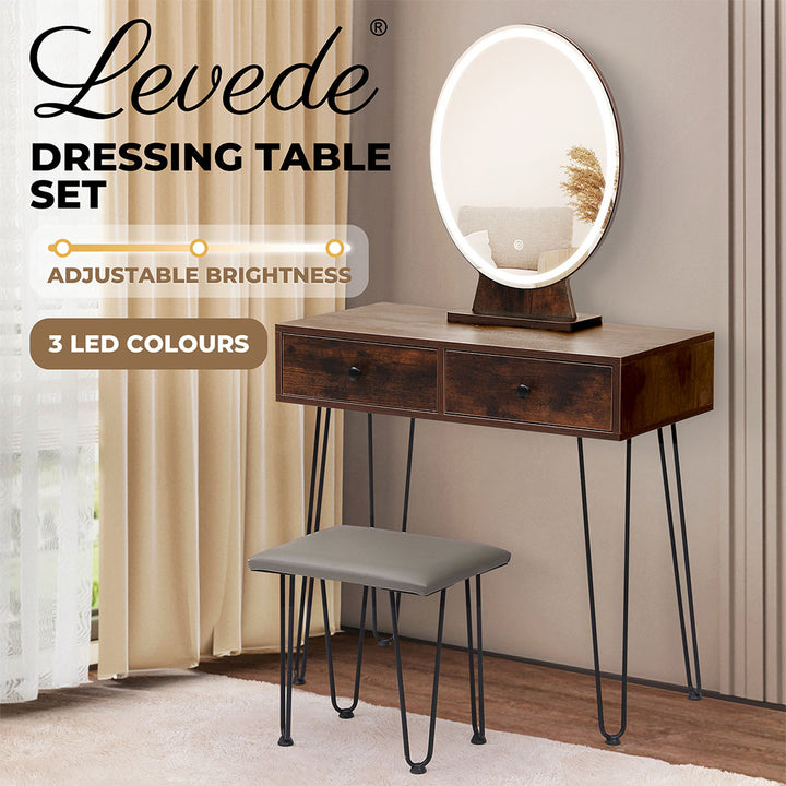 Levede Dressing Table LED Light Strip Makeup Mirror Stool Set Vanity Desk Brown