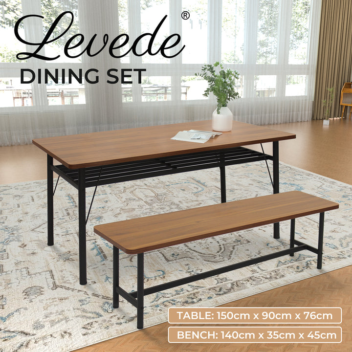 Levede 1x Dining Table +1x Bench Set Steel Home Kitchen Farmhouse Brown - Levede