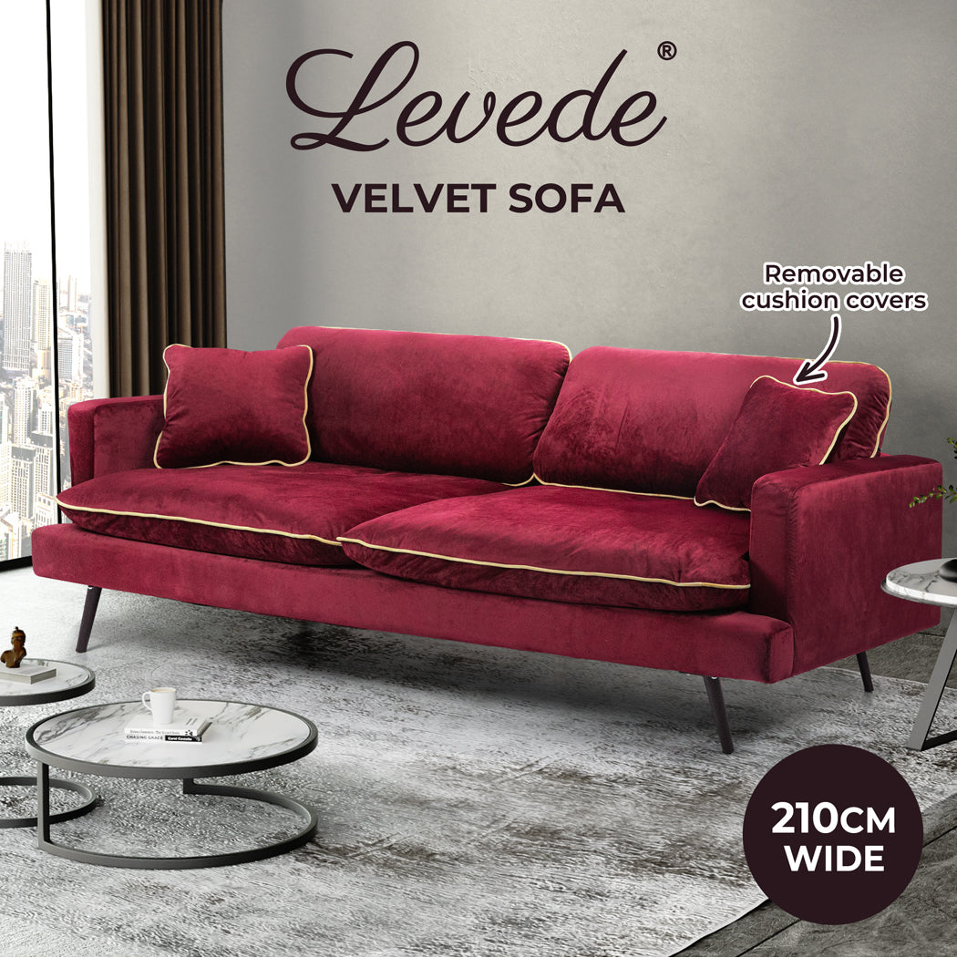 Levede Velvet Sofa Armchair 3 Seater Couch Red 210cm Wide - Levede