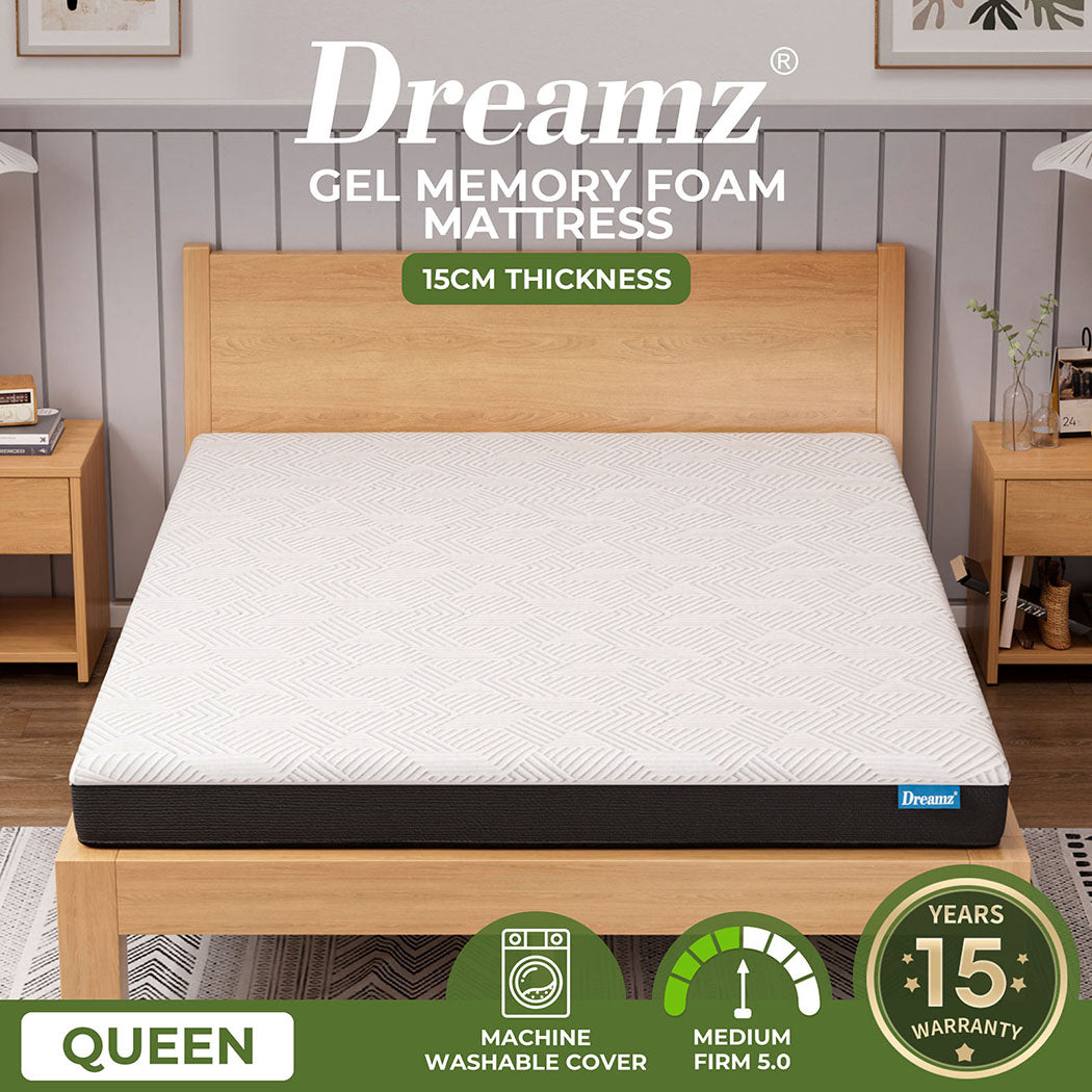 Dreamz Queen Mattress Gel Memory Foam Cooling Breathable 15cm Medium Firm - Levede