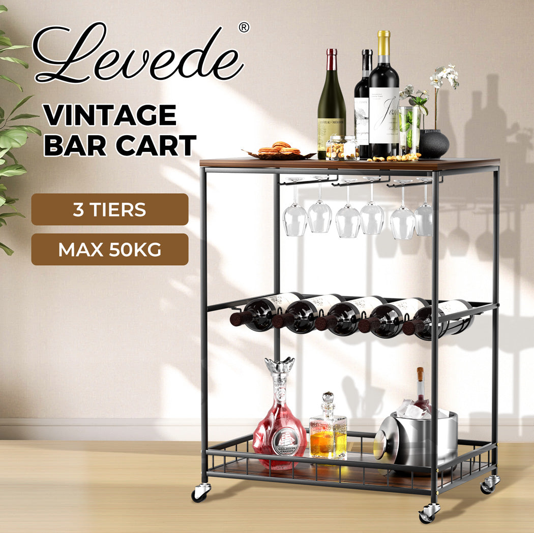 Levede Wooden Bar Cart Drinks Trolley 3 Tire - Levede