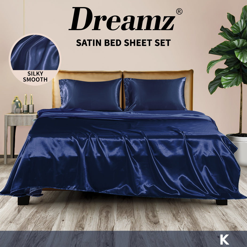 DreamZ Silky Satin Sheets Fitted Blue - Levede