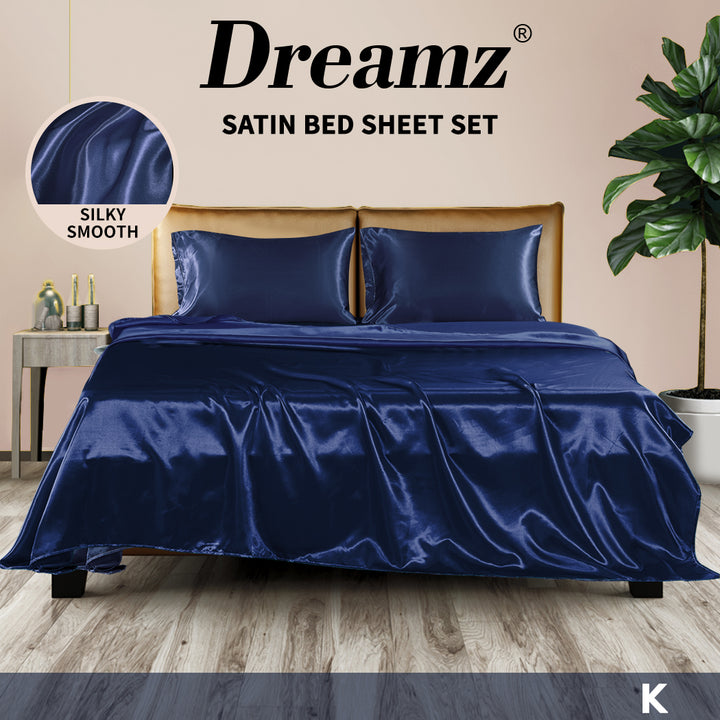 DreamZ Silky Satin Sheets Fitted Blue - Levede