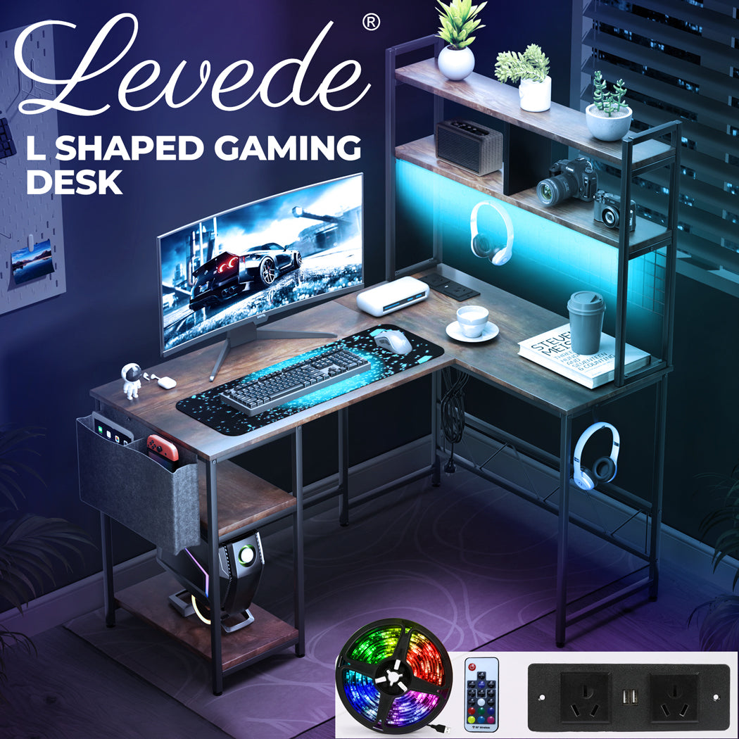 Levede L Shaped Gaming Desk with LED Lights Brown - Levede