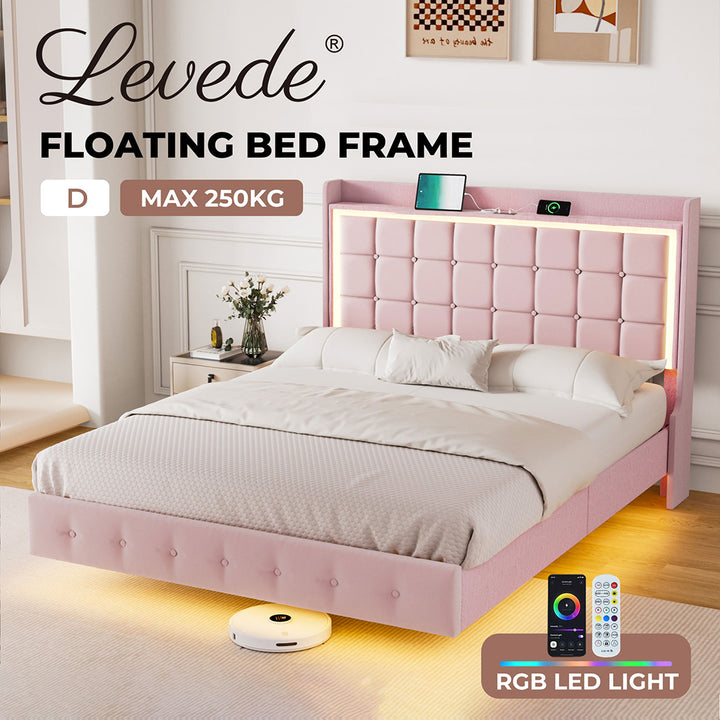 Levede Double Floating Bed Frame With RGB LED Light Headboard USB Charge - Levede