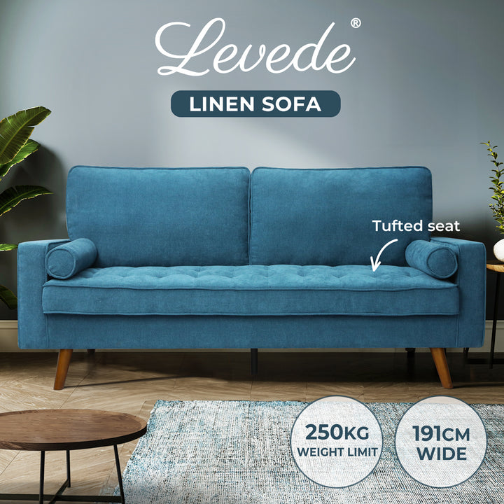 Levede Fabric Sofa Armchair 3 Seater Couch Blue 191cm Wide - Levede