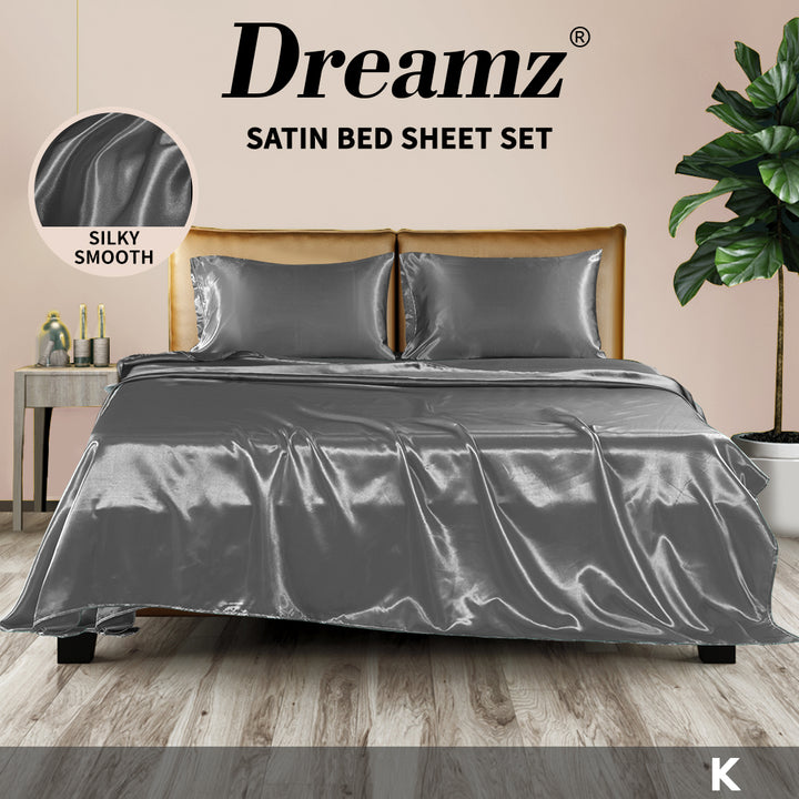 DreamZ Silky Satin Sheets Fitted Grey - Levede