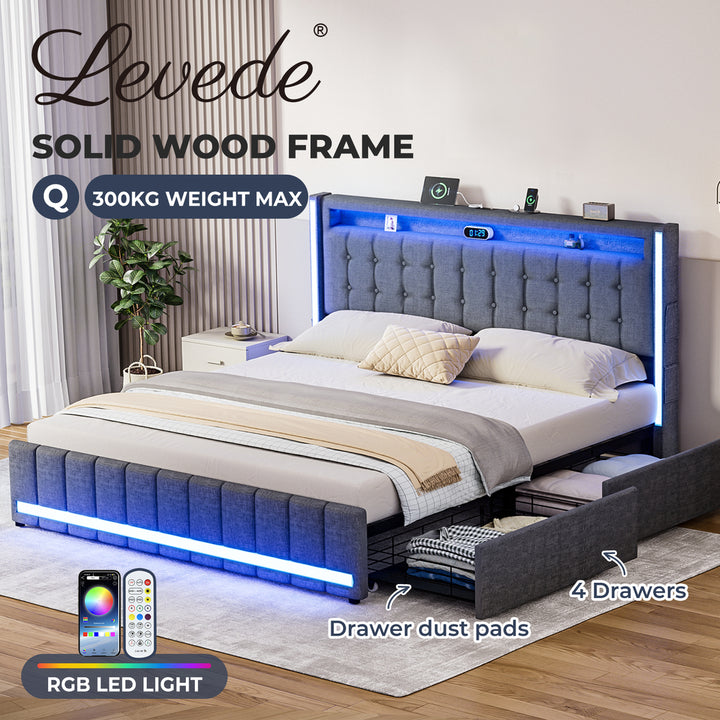 Levede Queen Solid Bed Frame Headboard RGB LED Lights 4 Drawer USB Charge