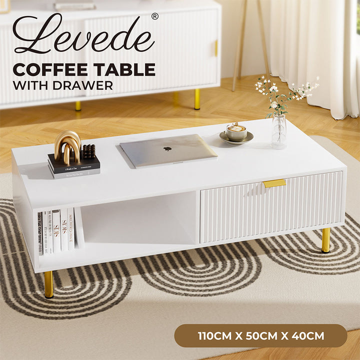 Levede 110cm Coffee Table Wooden Storage Fluted Drawer 2 Tier Open Shelf White - Levede