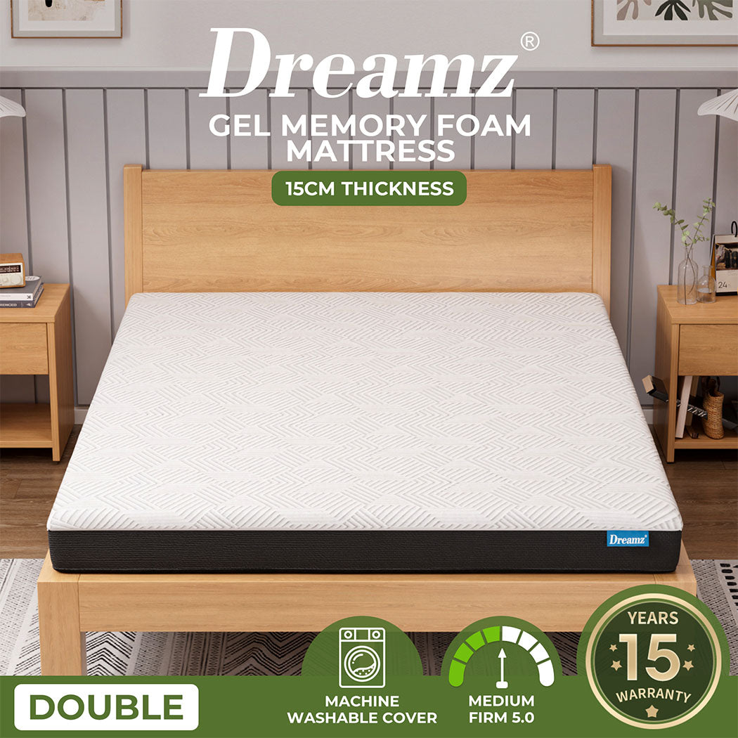 Dreamz Double Mattress Gel Memory Foam Cooling Breathable 15cm Medium Firm