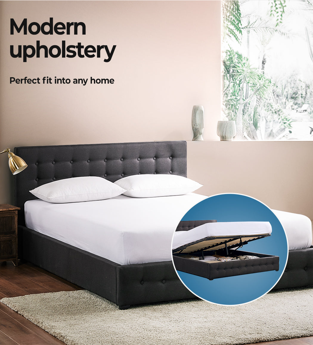 Levede Gas Lift Fabric Bed in bedroom