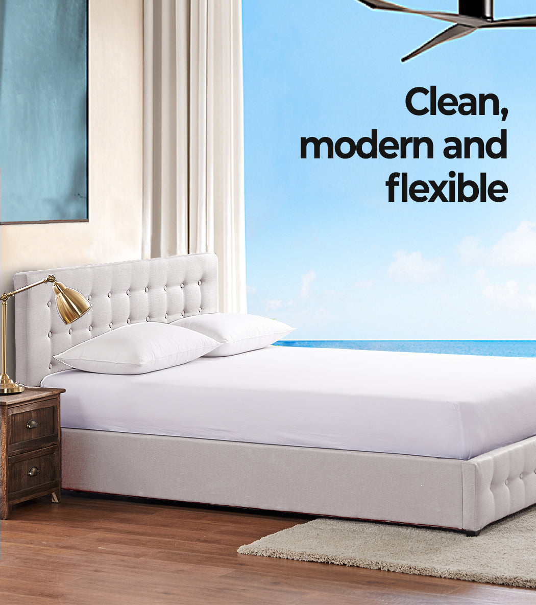 Levede Gas Lift Fabric Queen Bed Frame