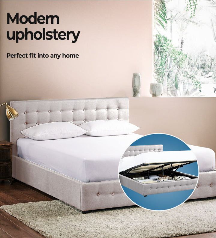 Levede Gas Lift Fabric Queen Bed Frame in bedroom