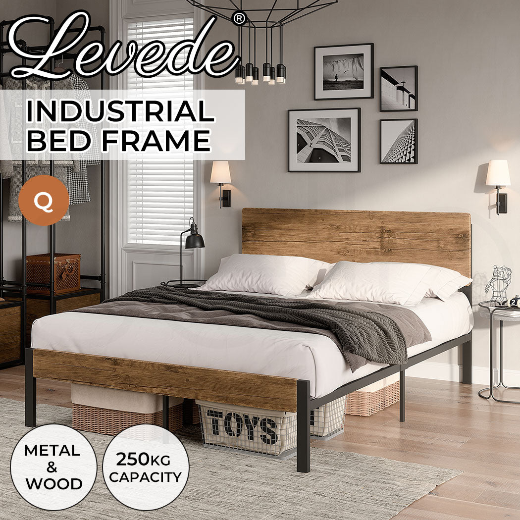 Levede Industrial Queen Metal Bed Frame in bedroom