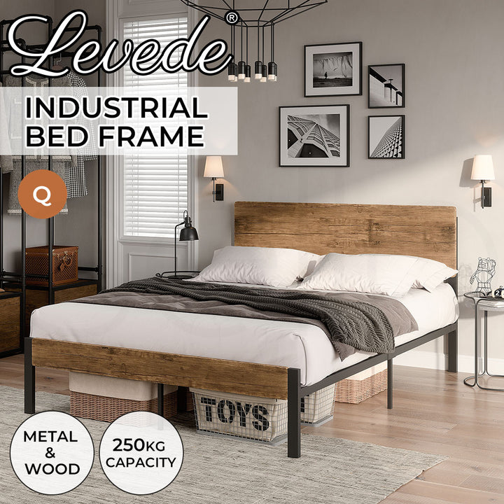 Levede Industrial Queen Metal Bed Frame in bedroom