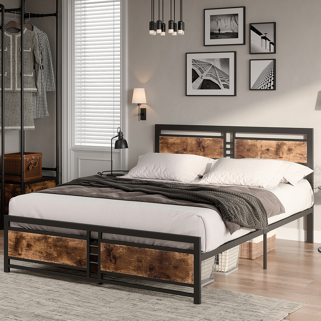 Levede Metal Bed Frame with Rustic Headboard
