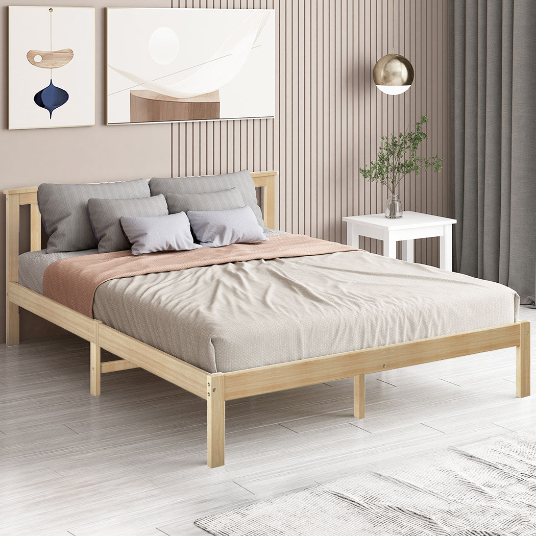 Levede Natural Wooden Queen Bed Frame in bedroom