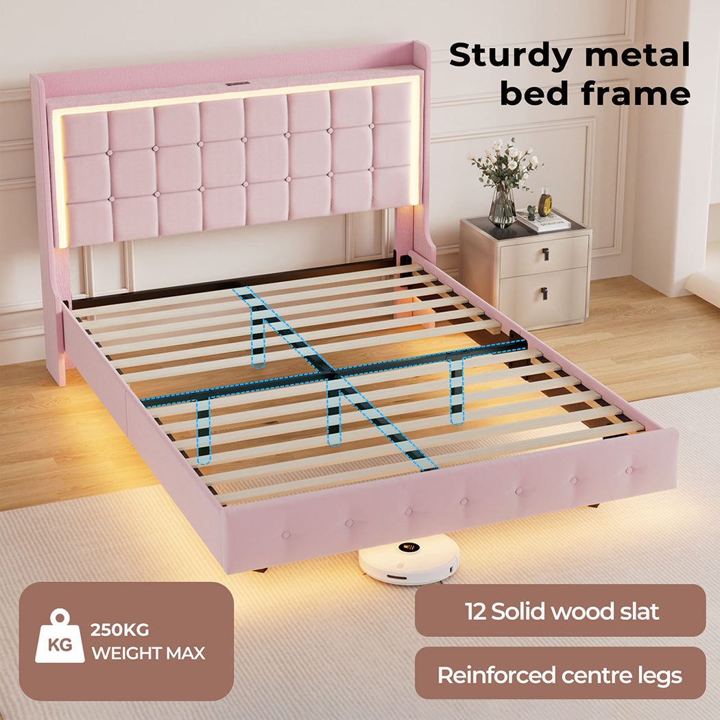 Levede Pink Floating Bed Frame has 12 Solid wood slat