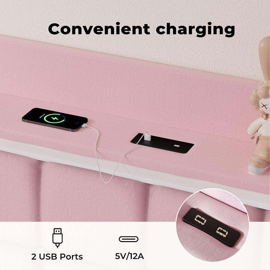 Levede Pink Queen Floating Bed Frame has charging ports 