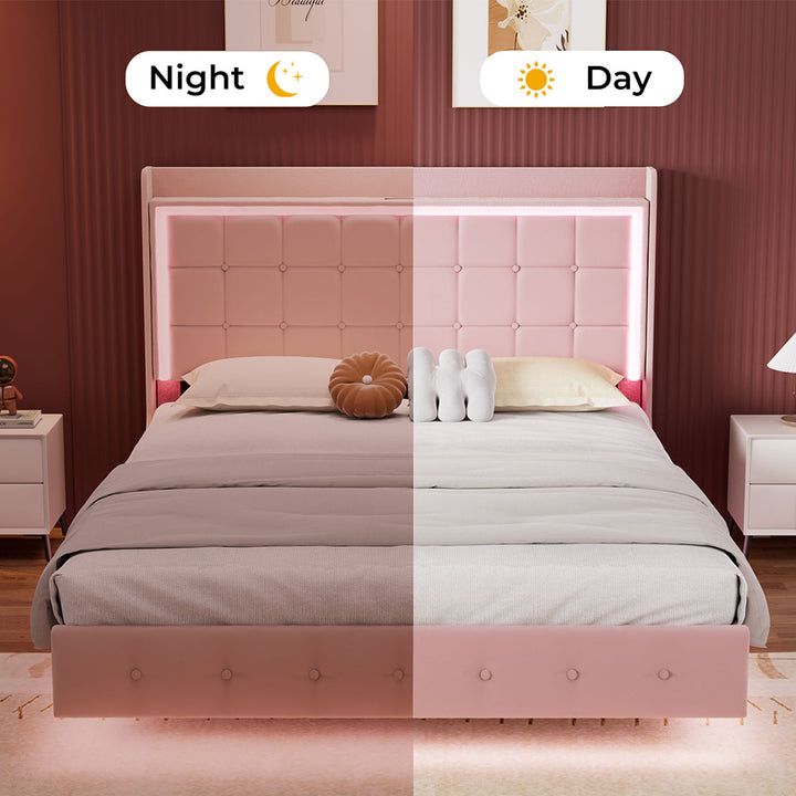 Levede Pink Queen Floating Bed Frame look at day or night 